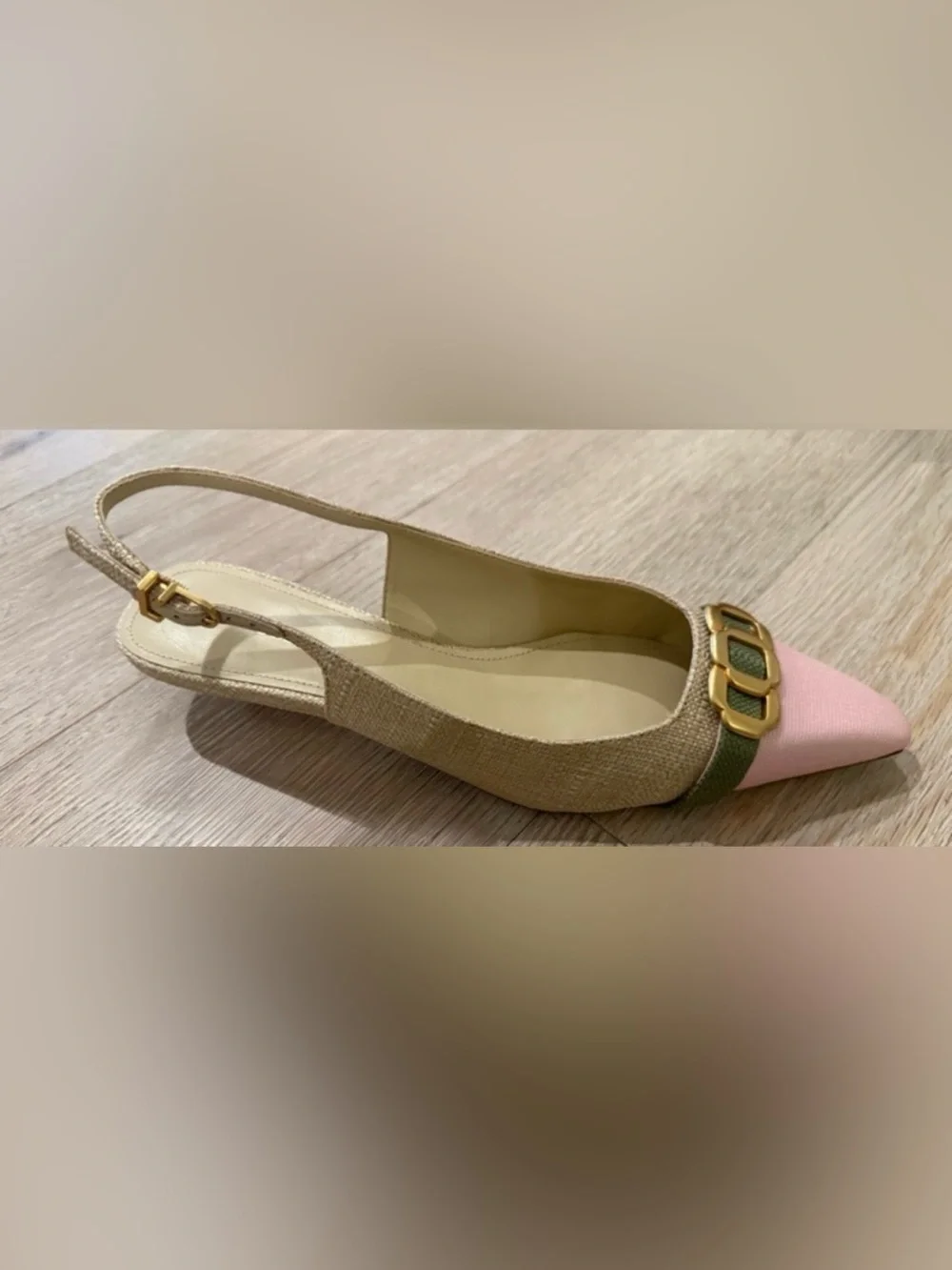 Larroude Franca Micro Heel Slingback Pump Pink/Beige/Green Raffia Size 7 NWT